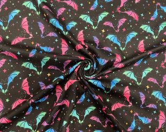 Tela elástica de poliéster spandex con estampado de murciélagos de neón para Halloween n.° 254, doble cepillado, 190 g/m², 147-152 cm de ancho, cortada a medida.