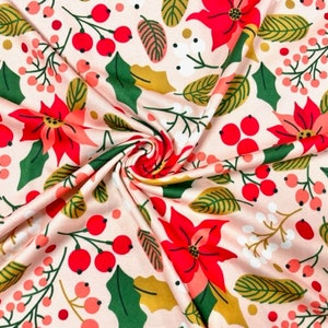 Poinsettia Christmas Xmas Floral DBP Print #644 Double Brushed Polyester Spandex Apparel Stretch Fabric 190 GSM 58"-60" Wide By The Yard