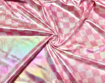 Checkerboard Pink Holographic Pleather Print #40 Shiny Faux Leather Stretch Vinyl Poly Spandex 190 GSM Fabric 58"-60" Wide By The Yard