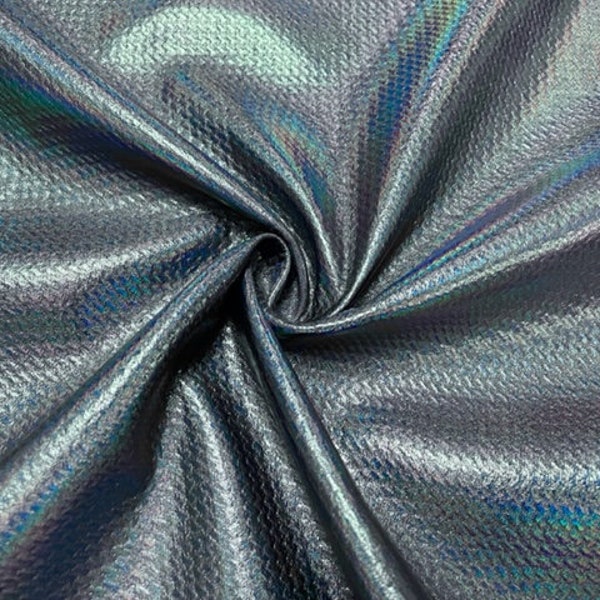 Shiny Holographic Charcoal Pleather #224 Bullet Ribbed Scuba Techno Double Knit 2-Way Stretch Poly Spandex Fabric 58"-60" Wide By The Yard