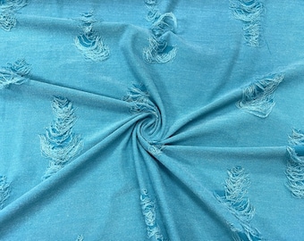 Ocean Blue Distressed Denim Jersey Knit #131 Polyester Rayon Spandex Stretch Apparel Fabric 58&quot;-60&quot; Wide By The Yard