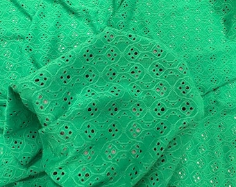 Green Eyelet Floral Knit #17 Polyester Spandex Stretch Apparel Fabric 200GSM 58"-60" Wide By The Yard