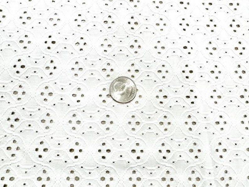 May include: Close-up of white eyelet fabric with a repeating floral pattern. The fabric has small, evenly spaced holes throughout. A quarter coin is placed on the fabric for size reference.