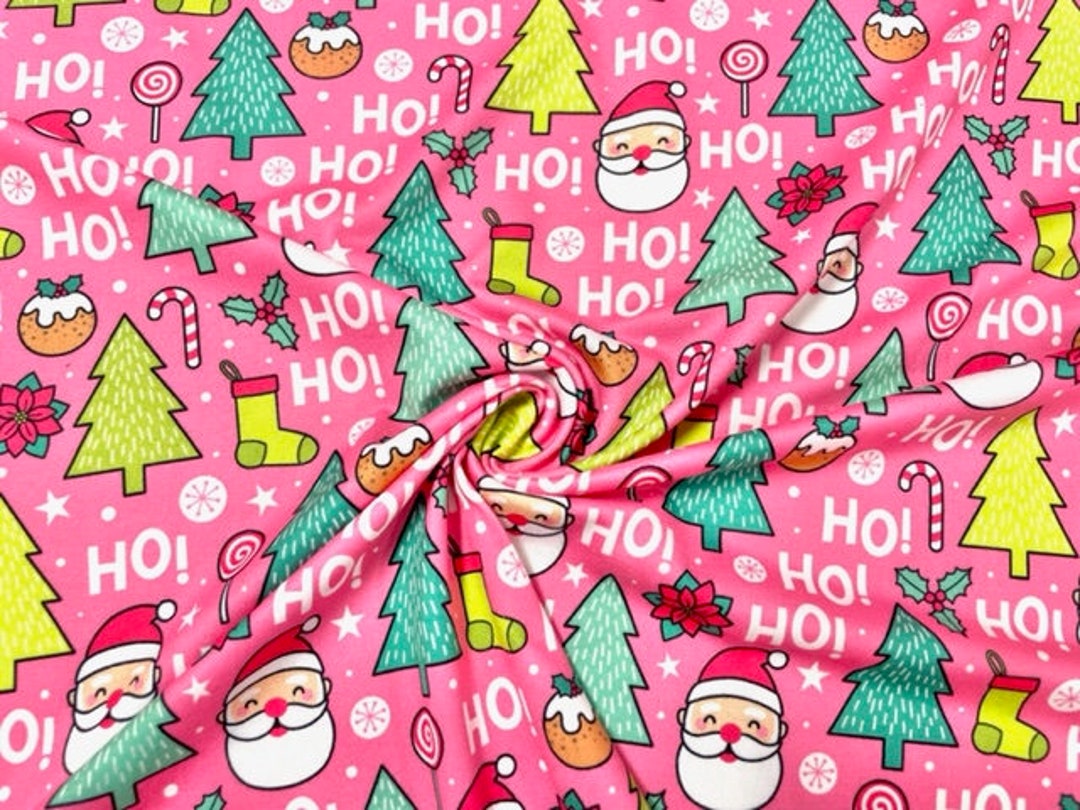 Stretch Santa Santa Hohoho Pink Christmas DBP Print #648 Double Brushed Polyester ...