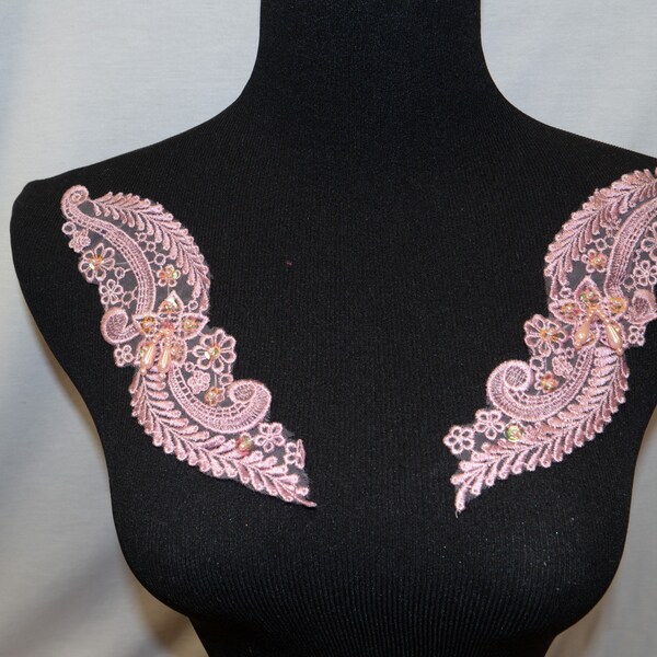 Pink Beaded Sequin Collar Neckline Applique #40 Set of 2 Lace Trim Fabric Costume Sewing Sew-On Applique for Crafts and Bridal Accessories
