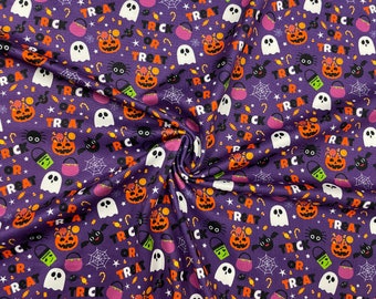 Tela elástica para ropa de poliéster spandex con doble cepillado, 190 g/m², 58"-60" de ancho, cortada a medida, con estampado DBP n.° 326 de Halloween para truco o trato