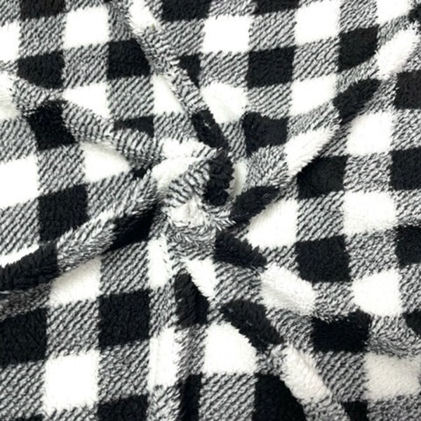 Buffalo Plaid Sherpa Faux Fur #46 Black White 100% Polyester Medium Pile Super Soft Stretch Fabric Very Soft 58"-60" Wide By The Yard