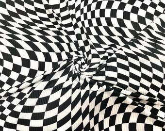 Psychedelic Checkerboard DBP 2x2 Rib Knit Print #125 White Black Polyester Spandex Stretch 190GSM Apparel Fabric 58"-60" Wide By The Yard