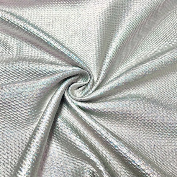 Shiny Holographic Silver Pleather #225 Bullet Ribbed Scuba Techno Double Knit 2-Way Stretch Poly Spandex Fabric 58"-60" Wide By The Yard