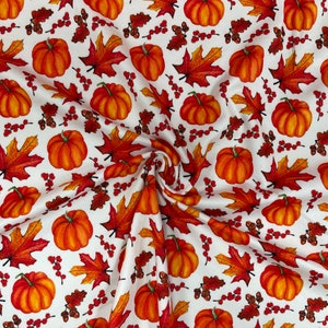 Pumpkin Fall Leaf DBP Print #311 Double Brushed Polyester Spandex Apparel Stretch Fabric 190 GSM 58"-60" Wide By The Yard