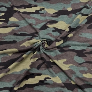 May include: Camouflage fabric in shades of green, brown, and black. The fabric is soft and has a slight sheen.