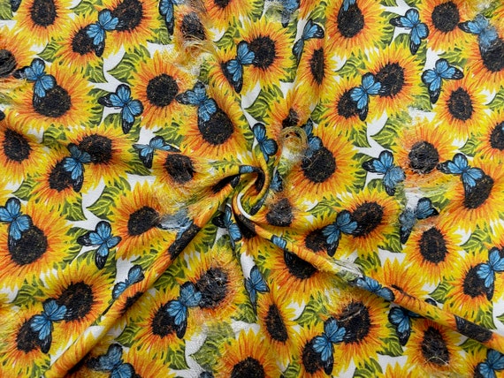 Sunflower Butterfly Distressed Denim Print #48 Polyester Rayon Spandex Stretch Apparel Fabric 58"-60" Wide By The Yard