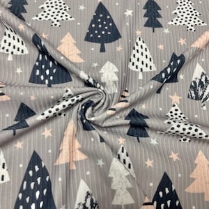4x2 Rib Knit Christmas Tree Star DBP Print #432 Double Brushed Poly Spandex Stretch 190GSM Apparel Fabric 58&quot;-60&quot; Wide By The Yard