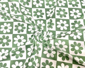 Checkerboard Floral Daisy Sage DBP Print #706 Double Brushed Polyester Spandex Apparel Stretch Fabric 190 GSM 58"-60" Wide By The Yard