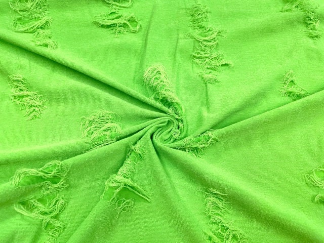 Neon Green Distressed Denim Jersey Knit #121 Polyester Rayon Spandex Stretch Apparel Fabric 58"-60" Wide By The Yard