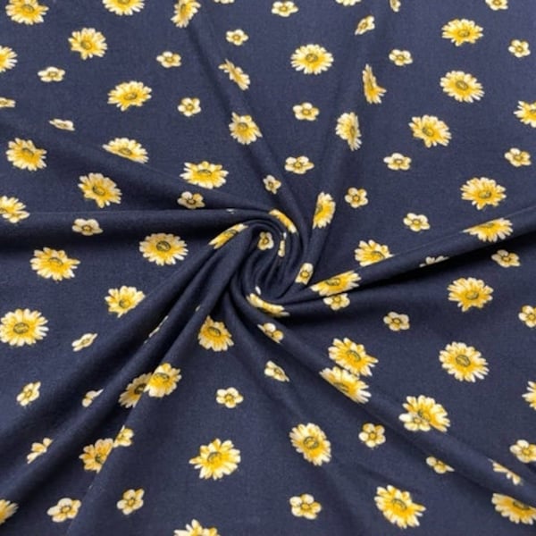 Sunflower Floral Navy DBP Print #530 Double Brushed Polyester Spandex Apparel Stretch Fabric 190 GSM 58"-60" Wide By The Yard