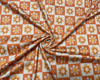 8x3 Retro Smiley Daisy Checkerboard DBP Knit Print #368 Double Brushed Poly Spandex Stretch 190GSM Apparel Fabric 58"-60" Wide By The Yard
