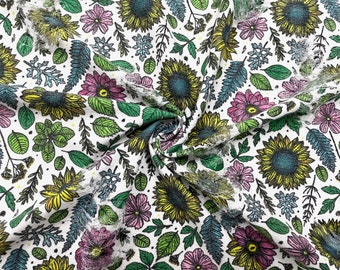 Sunflower Floral Distressed Denim Print #27 Polyester Rayon Spandex Stretch Apparel Fabric 58"-60" Wide By The Yard