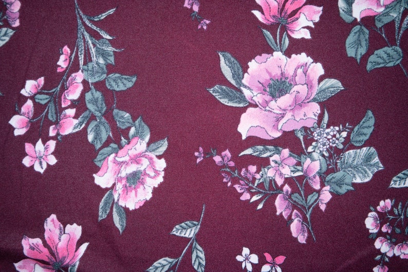 Maroon Floral #04 Techno Crepe Scuba Double Knit 2-Way Stretch Polyester Spandex Apparel Craft Fabric 58-60 Wide By The Yard