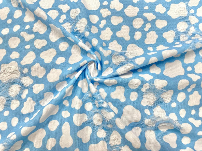 Cow Spot Blue White Distressed Denim Print #30 Polyester Rayon Spandex Stretch Apparel Fabric 58"-60" Wide By The Yard image 1