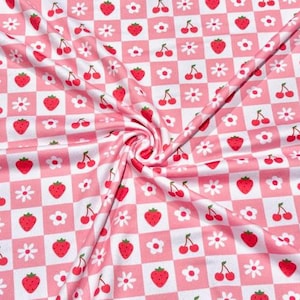 Swimwear Fabric Checkerboard Cherries Strawberry Floral Activewear Print #991 Polyester Spandex Stretch By The Yard