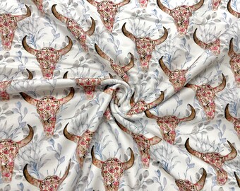 Boho Cow Skull DBP Print #492 Double Brushed Polyester Spandex Apparel Stretch Fabric 190 GSM 58"-60" Wide By The Yard
