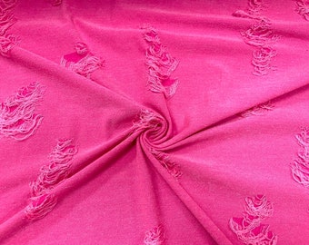 Neon Bubblegum Distressed Denim Jersey Knit #152 Polyester Rayon Spandex Stretch Apparel Fabric 58&quot;-60&quot; Wide By The Yard