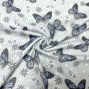 4x2 Rib Knit Brittany Frost Designs Butterfly Snow DBP Print #428 Double Brush Poly Spandex Stretch 190GSM Fabric 58&quot;-60&quot; Wide By The Yard