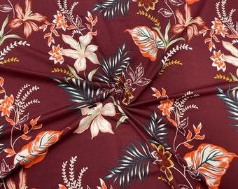 Tropical Floral Borgoña DBP Impresión #535 Doble Cepillado Poliéster Spandex Ropa Tela Elástica 190 GSM 58"-60" Corte ancho a medida