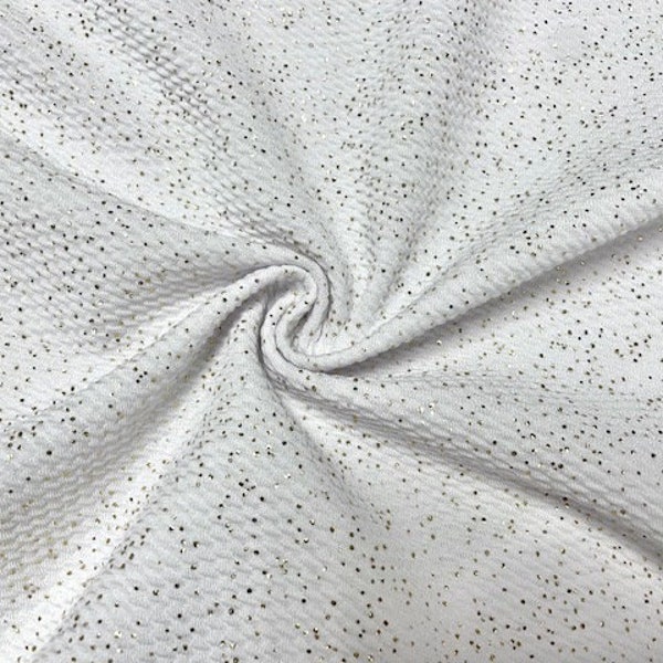 Dot Shimmer Gold Metallic White Bullet #231 Ribbed Double Knit 2 Way Stretch Poly Spandex Apparel Craft Fabric 58"-60" Wide