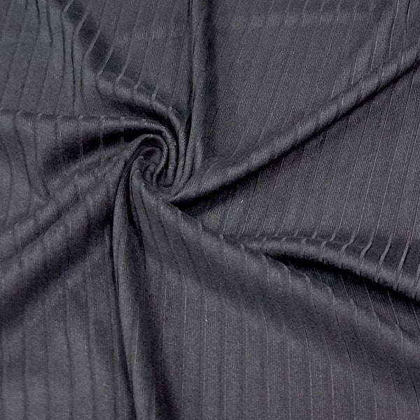 Black DBP 8X3 Rib Knit #10 Double Brushed Polyester Spandex Stretch 190GSM Apparel Fabric 58"-60" Wide By The Yard