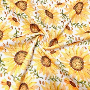 Imprimé floral tournesol tournesol # 728 Tissu artisanal pour vêtements en polyester élasthanne côtelé, double maille technique, extensible dans les deux sens, 58 à 60 po. de large BTY