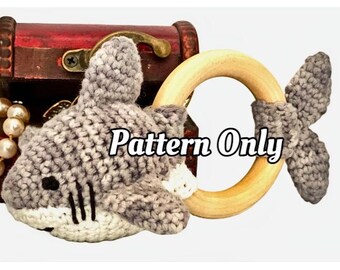 Instant PDF Download- Original baby shark teething rattle crochet pattern. Newborn baby photo prop, ocean theme crochet baby gift