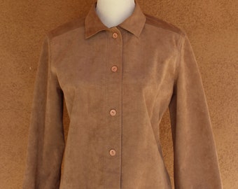 Vintage 90s Soft Suede Tan Caramel Beige Snap Button Shirt Blouse Jacket Womens sz S Leather 1990s Retro Western Southwestern Quilted Yoke