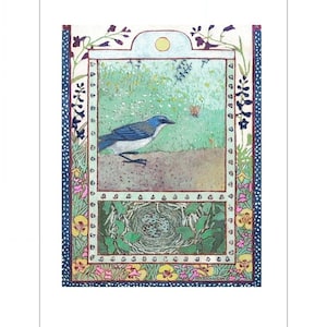 Pode incluir: Uma pintura em aquarela de um pássaro azul empoleirado em um galho, com uma borboleta voando por perto. O pássaro está olhando para a direita, e o fundo é um campo verde com flores. A pintura é emoldurada com uma borda decorativa de flores e folhas.