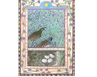 Quail with nest- print- reproduction