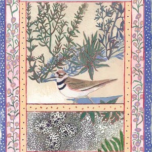 May include: A painting of a bird with black and white markings sitting in a nest of eggs. The bird is surrounded by green plants and flowers. The painting is framed in a colorful border.