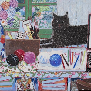May include: An impressionistic painting of a black cat lounging on a table. The table is covered with art supplies, including paintbrushes, scissors, and colorful balls. A window with flowers is in the background.