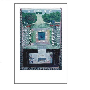 May include: A painting depicting a bird's eye view of a house with a pond in the yard. The house is surrounded by trees and a fence. The pond is filled with water and there are birds swimming in it. The painting is done in a naive style with bright colors.