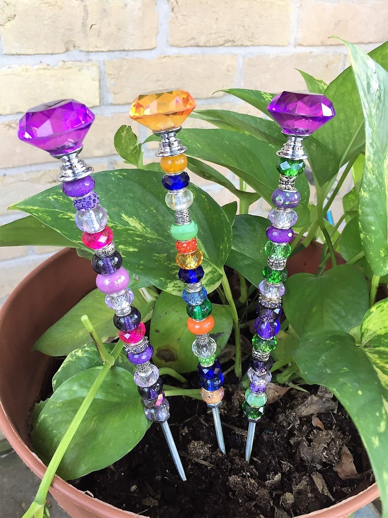 14 Beaded Garden Decor Garden Potted Plant Stake Glass Etsy