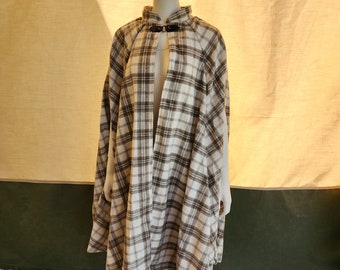 Market Day Cape- Cream Plaid Wool Blend Mid-Length Cape with Collar and Arm Slits