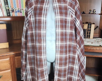 Market Day Cape- Brown Plaid Wool Blend Mid-Length Cape with Collar and Arm Slits