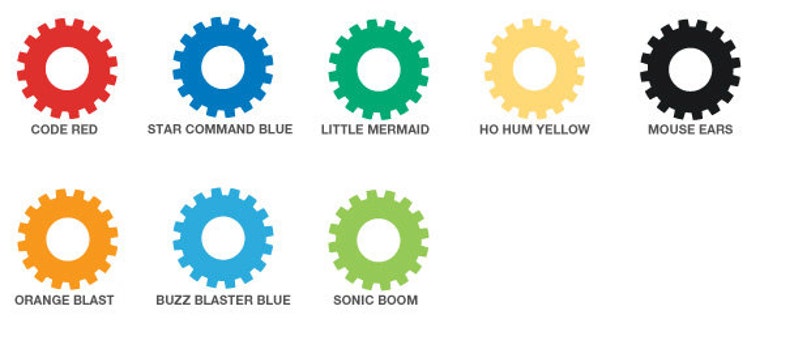 May include: Eight colorful gear-shaped icons with text labels below each. The icons are red, blue, green, yellow, black, orange, light blue, and lime green. The text labels are "Code Red", "Star Command Blue", "Little Mermaid", "Ho Hum Yellow", "Mouse Ears", "Orange Blast", "Buzz Blaster Blue", and "Sonic Boom".