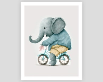 Watercolor Cute Elephant Animals Riding Bike Instant Digital download printable wall art for rooms nurseries kids  - 8x10 11 x14 inches