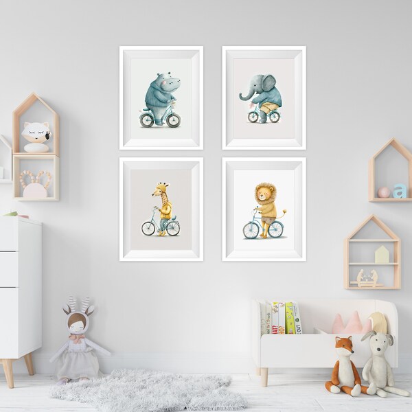 Set of 4 Watercolor Cute Animals Riding Bikes Instant Digital download printable wall art for rooms nurseries kids  - 8x10 11 x14 inches
