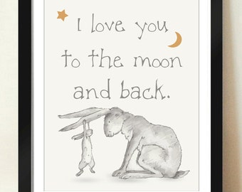 Digital Download Illustrated Hand drawn Light Tan Color Look I Love You To The Moon and Back Quote Art 8x10