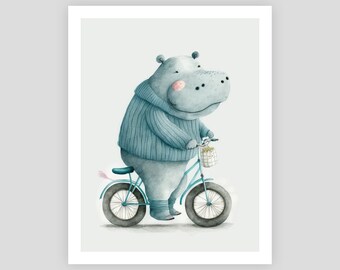Watercolor Cute Hippopotamus Animals Riding Bike Instant Digital download printable wall art for rooms nurseries kids  - 8x10 11 x14 inches