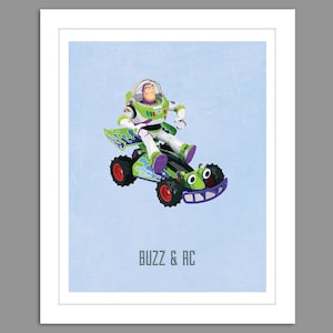 May include: A blue and green cartoon character, Buzz Lightyear, is driving a green and black toy car. The car has a green and black design with a black grill and two large eyes. The text "BUZZ & RC" is printed below the car.