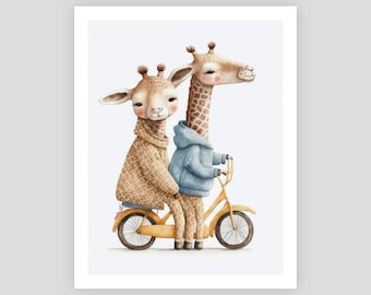 Watercolor Cute Giraffes Tandem Orange Bike Animals Digital download printable wall art for rooms nurseries kids  - 8x10 11 x14 inches