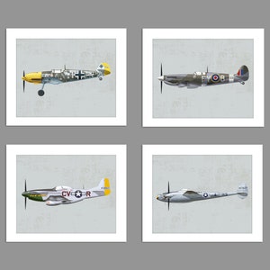 Digital Download Set of 4 Warbirds World War 2 ME P-38 Lightning 109 P-51 Mustang ME 109 Spitfire Art Print Boys Rooms Office